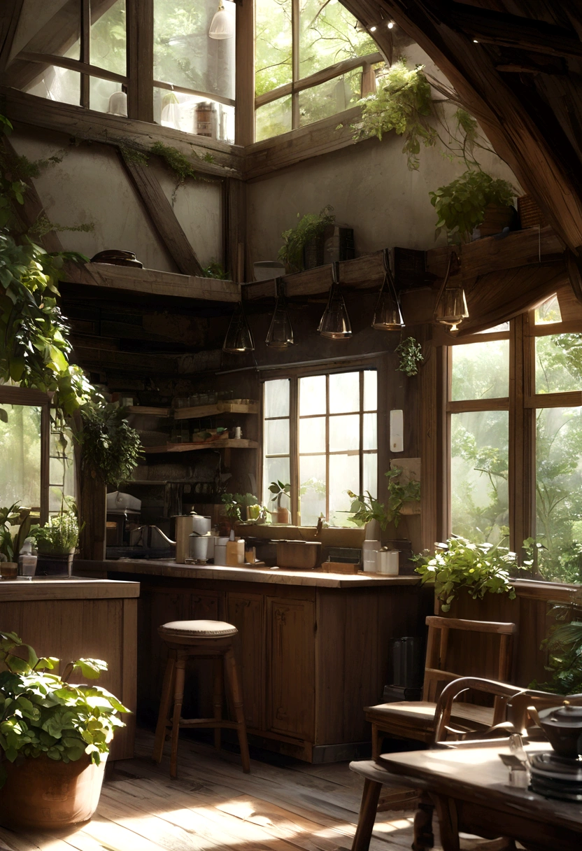 Quiet and cozy guesthouse, The smell of coffee drifts、It's a calm atmosphere, Starlight shining through the window,, Realistic and detailed environments,
