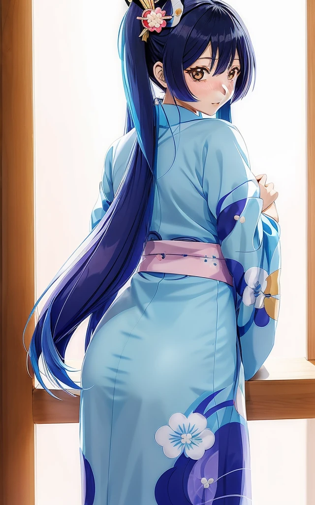 (anime girl from Genshin Impact:1.2), feminine, Blue Long Hair, Wearing Kimono, cutesy face, cutesy eyes, high quality, anime style art, anime, From Behind POV, Looking Back, blushing, embarrassed