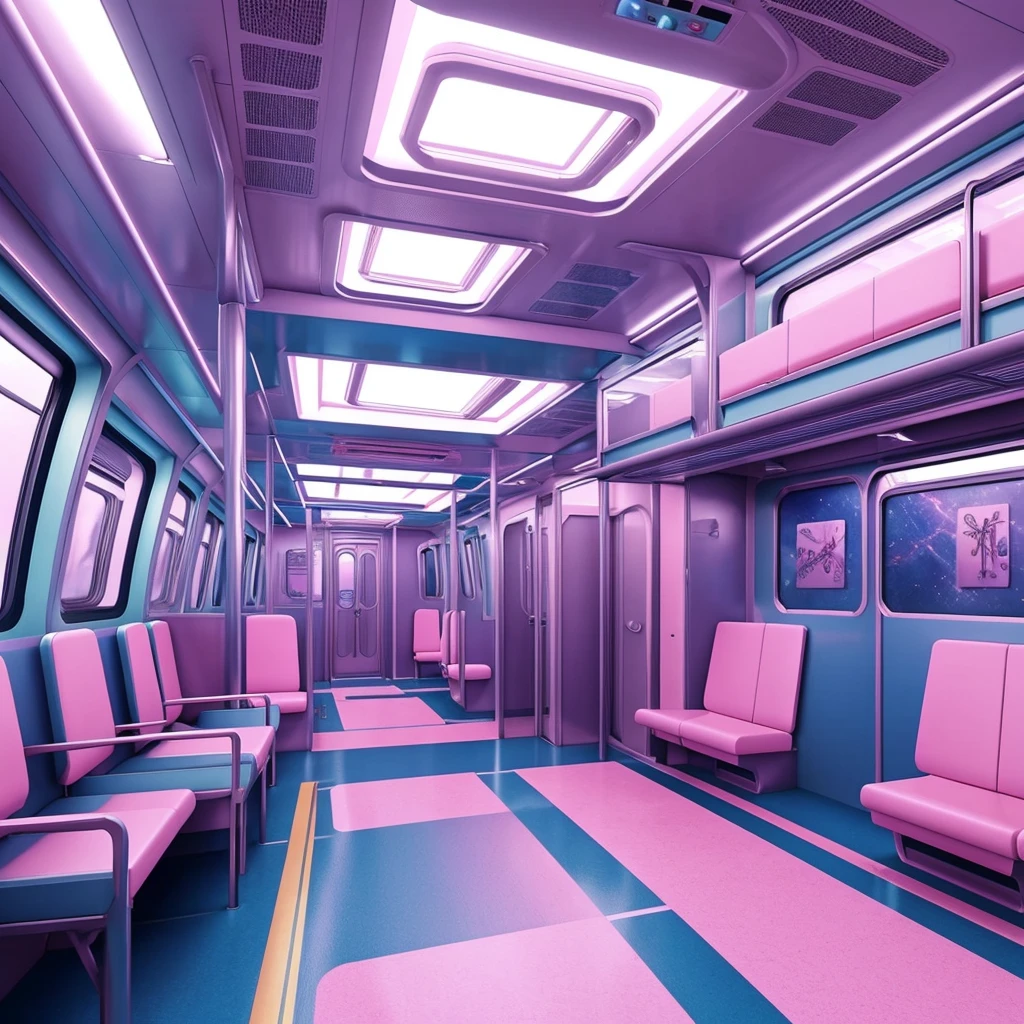 generate a consistent image of a pastel colored inside of a train car with two pink suitcases, interior background art, highly detailed interior, very detailed backgrounds, detailed backgrounds, inside the train, scenery art detailed, anime art vehicle concept art, high tech space ship interior, inside an underwater train, detailed and complex environment, detailed sci - fi backgrounds, detailed spaceship interior, space station vore station, anime scenery concept art