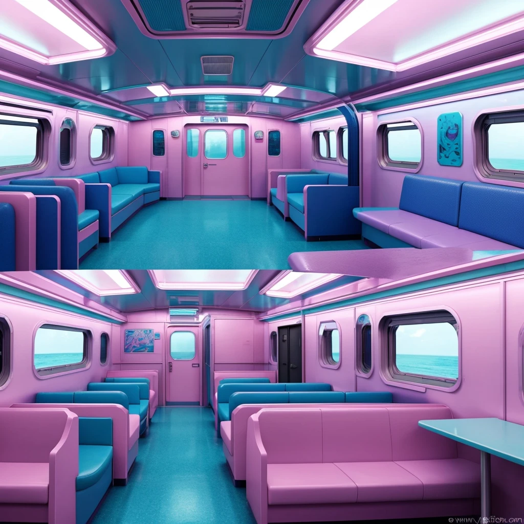 generate a consistent image of a pastel colored inside of a train car with two pink suitcases, interior background art, highly detailed interior, very detailed backgrounds, detailed backgrounds, inside the train, scenery art detailed, anime art vehicle concept art, high tech space ship interior, inside an underwater train, detailed and complex environment, detailed sci - fi backgrounds, detailed spaceship interior, space station vore station, anime scenery concept art