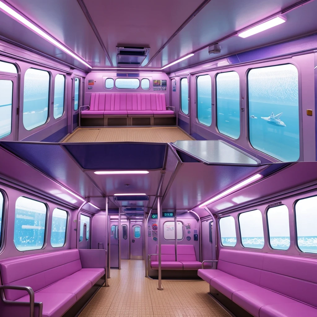 generate a consistent image of a pastel colored inside of a train car with two pink suitcases, interior background art, highly detailed interior, very detailed backgrounds, detailed backgrounds, inside the train, scenery art detailed, anime art vehicle concept art, high tech space ship interior, inside an underwater train, detailed and complex environment, detailed sci - fi backgrounds, detailed spaceship interior, space station vore station, anime scenery concept art