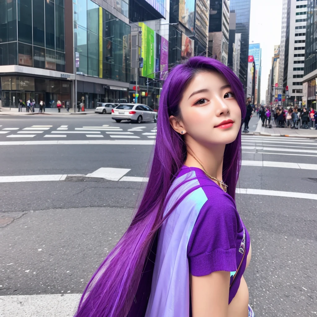 1woman hair purple, mid 20 years old, sexy body, in the city, , vibrant colors, ultra high realistic, ultra high quality