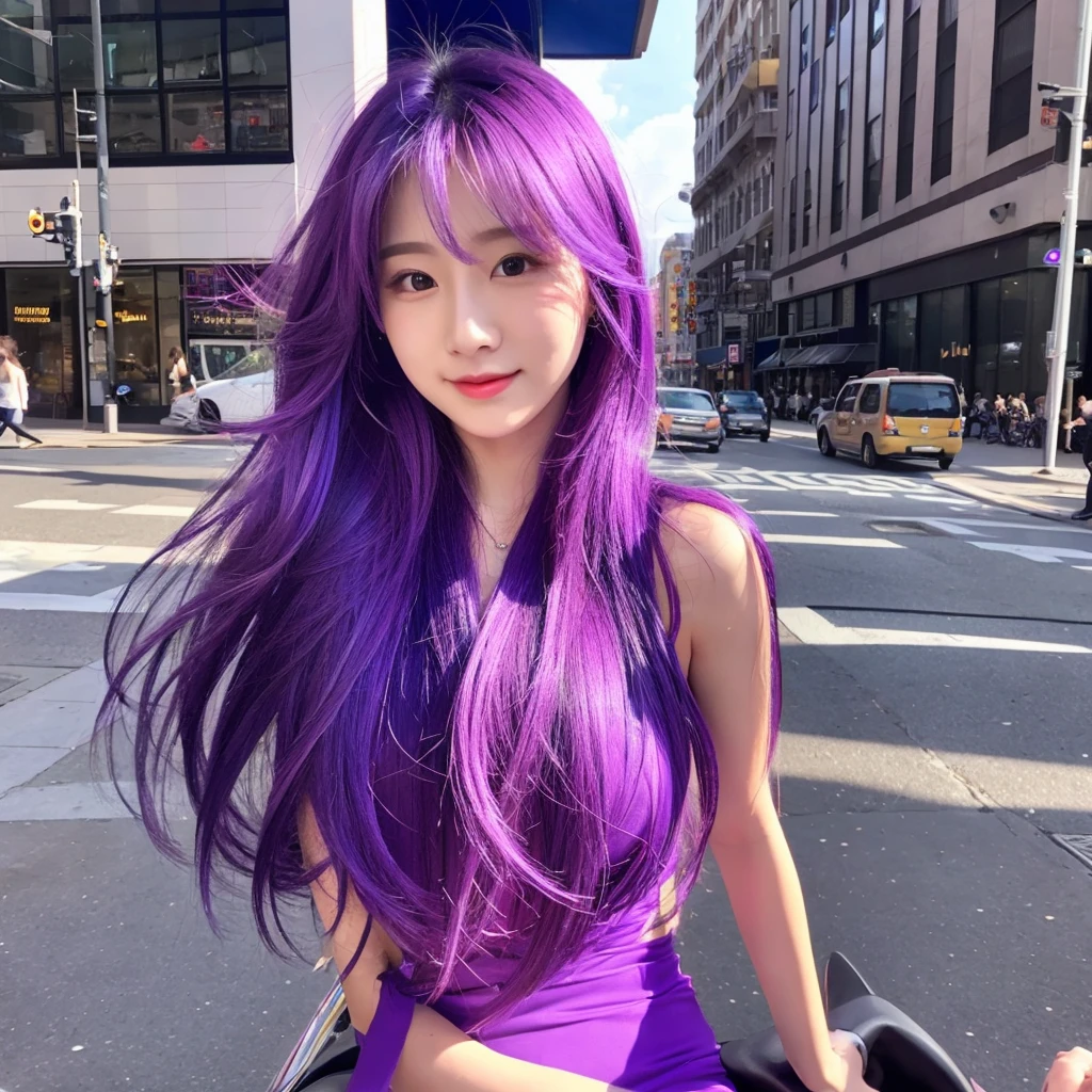 1woman hair purple, mid 20 years old, sexy body, in the city, , vibrant colors, ultra high realistic, ultra high quality