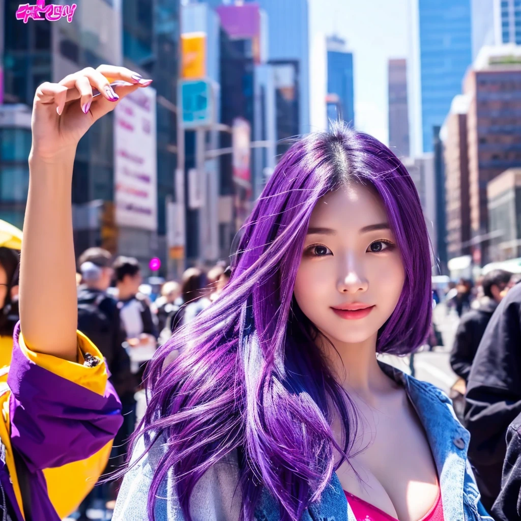 1woman hair purple, mid 20 years old, sexy body, in the city, , vibrant colors, ultra high realistic, ultra high quality