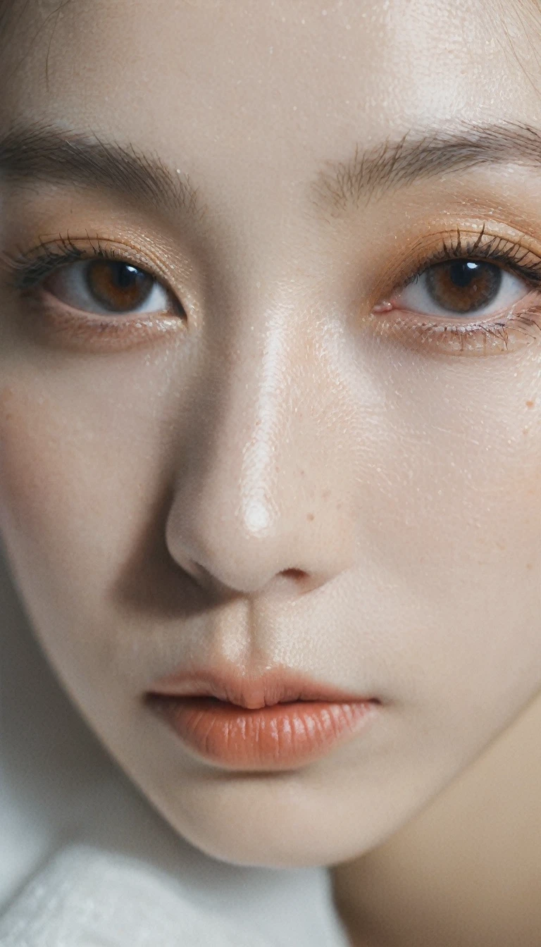 xxmixgirl, analog style, eye focus, highest quality, (highly detailed skin), photo of a exquisitely beautiful pale skin, 21yo, perfect face, alluring eyes, (seductive makeup: 1.3), skin pores, (bokeh:1.5), sharp focus, dappled lighting, (backlighting), film grain, (highly detailed, intricately detailed), 8k, HDR, front view, studio light, Ultra-detailed face, Detailed eyes, (Double eyelid: 1.4), Alice toggle, brown eye, (commercial: 1.6), (seductive makeup), ((white studio background))