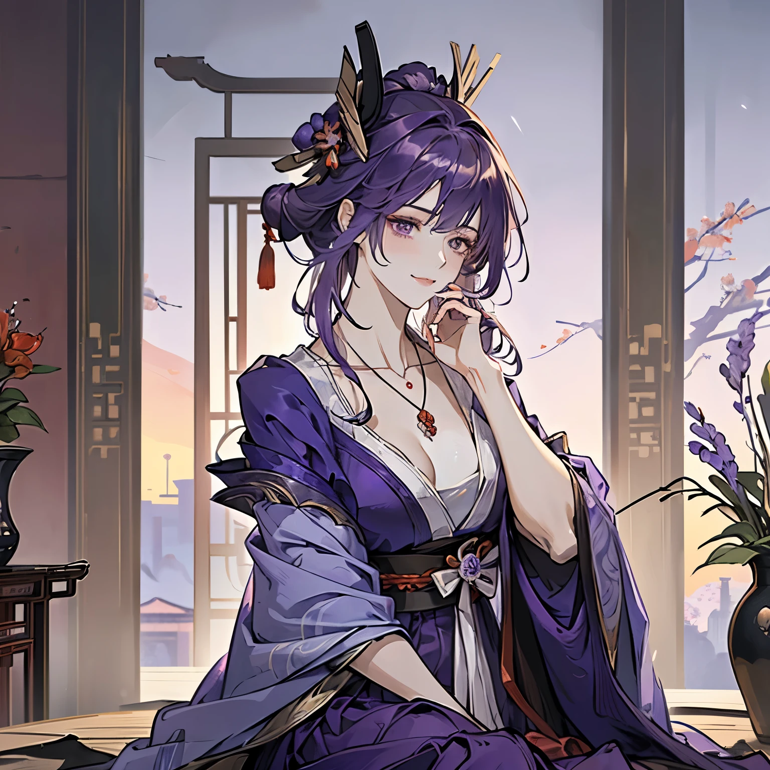 Best quality at best, Ultra-high resolution, (((1 girl))), (Raiden Shogun - Genshin Impact) , (Long purple hair), (violet eyes), (Chinese clothes), (((Red Flowers necklace around her neck))), (Ultra Long Skirt), ( Smile), Hanfu, Yarn, (focal), (((Colorful))), particle fx , tmasterpiece, Best quality at best, beautiful painted, meticuloso, highly detailed, (tmasterpiece, Best quality at best) CG unified 8K wallpaper,((sitting chinese mansion/room)) tmasterpiece,Best quality,ultra - detailed), Super HD picture quality