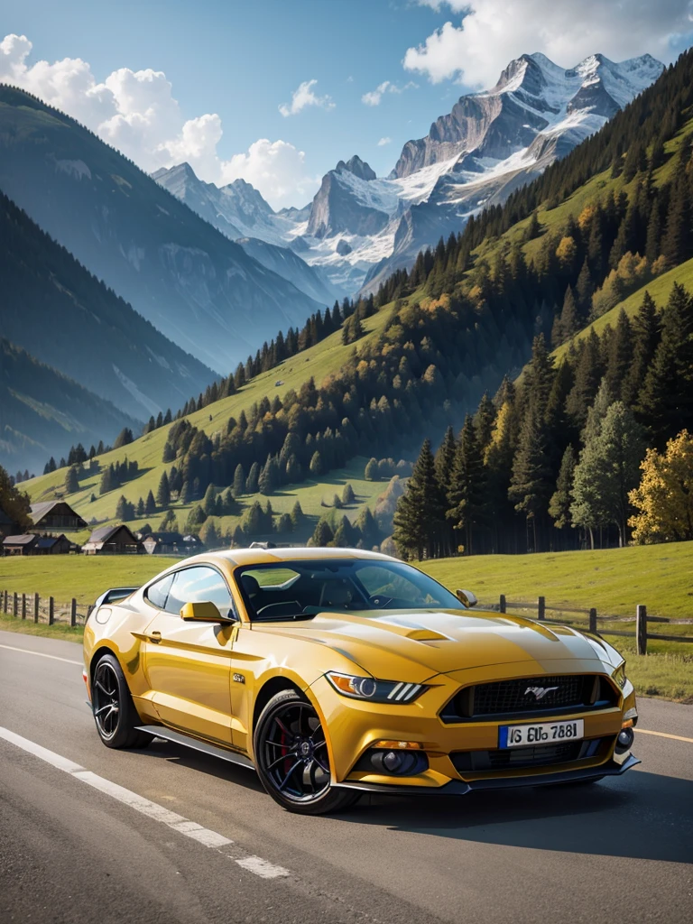 Yellow FORD MUSTANG GT 2008 WITH two modern mountain on the roof in front of A DREAMY BACKGROUND in a Swiss mountain landscape LATE IN THE AFTERNOON. In the foreground is also a bistro table with two GIN drinks. CAR DIAGONAL WITH HEADLIGHTS NEAR THE CAMERA 4K WIDE ANGLE.
