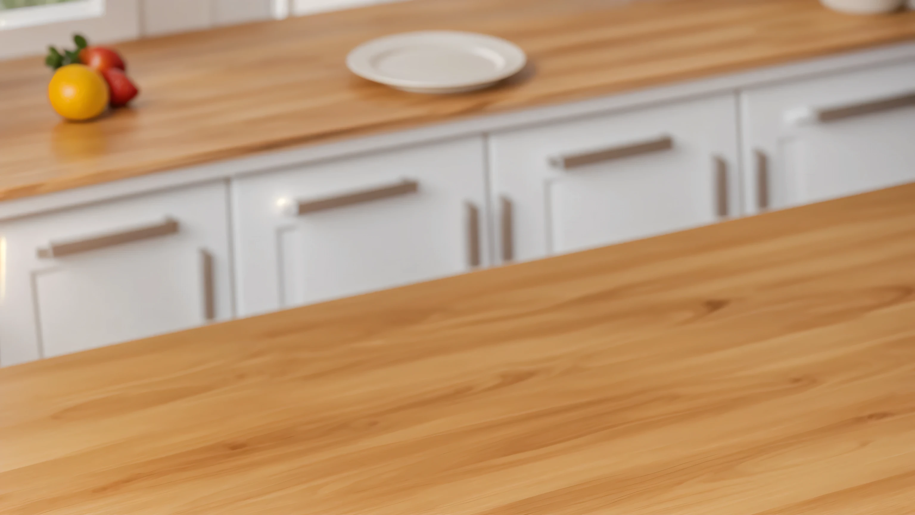 in light kitchen, wooden table, wooden texture, white cabinets, kitchen items, fruits, plates, towel, bright lights, soft light, window light, professional lighting, light from the window, neat light, realistic texture, realistic style, detailed texture, high quality, high resolution, high quality rendering, realistic photo, brightning light, macro photo