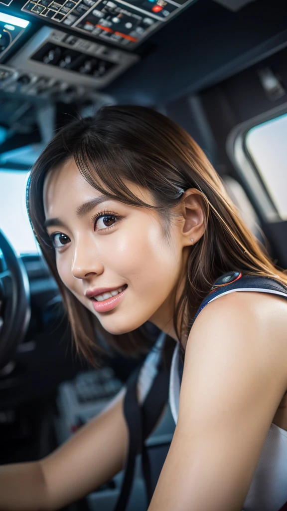 Dynamic, cinematic photos,(Ultra Realistic, High resolution), (Highly detailed eyes, Highly detailed hair, highly Detailed face, Highly detailed plump lips,Perfect Anatomy),(highest quality:1.4), RAW Photos, (Realistic, photo-Realistic:1.37), Professional photography, Cinematic Light, (Detailed face: 1.2),Looking at the audience, Brunette woman,slim(,Beautiful leg lines )(Famous Japanese actresses:1.2),Highly detailed skin, Very thin fingers, Highly detailed nose, Highly detailed mouth,Highly detailed background,RAW Photos,smile,plane、cockpit、Pilot士、pilot、uniform、Pilot