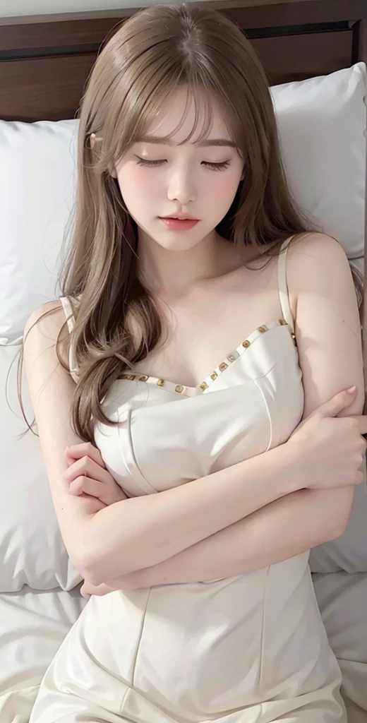 ((Masterpiece)), ((Best Quality)), 8K, HD, Super Detail, (Woman), (White dress studded with yellow gold rims), (Golden hair shawl scattered), (Expression closed eyes) (Sleeping in a bed 1.6) (Full Body Display 1.4) The artwork is a masterpiece, with the best quality and super detail, captured in 8K HD. Photographic realistic, realistic, very detailed illustrations realistic, octane rendering