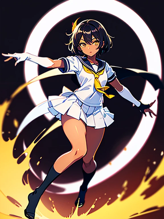 masterpiece, best quality, beautiful girl, beautiful and detailed face, super soft lighting, symmetry, complexity, high detail, art, dark skin, short hair, yellow eyes, black hair, white and blue sailor uniform, red tie sailor, beautiful girl, thin, black MMA glove, full body, japanese school background