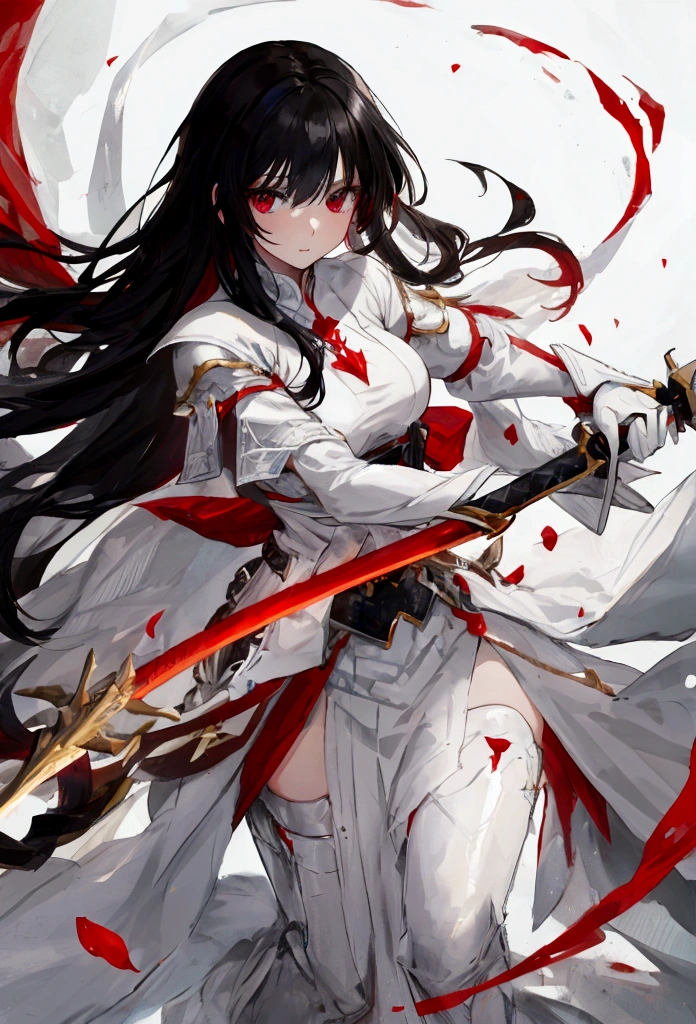 black-haired woman with white features holding a large red sword