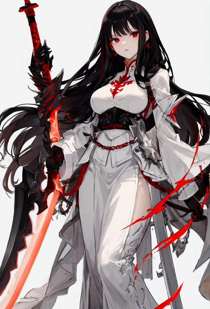 black-haired woman with white features holding a large red sword