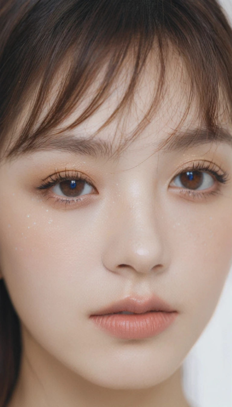 xxmixgirl, analog style, eye focus, highest quality, (highly detailed skin), photo of a exquisitely beautiful pale skin, 21yo, perfect face, alluring eyes, (seductive makeup: 1.3), skin pores, (bokeh:1.5), sharp focus, dappled lighting, (backlighting), film grain, (highly detailed, intricately detailed), 8k, HDR, front view, studio light, Ultra-detailed face, Detailed eyes, (Double eyelid: 1.4), Alice toggle, brown eye, (commercial: 1.6), (seductive makeup), ((white studio background))