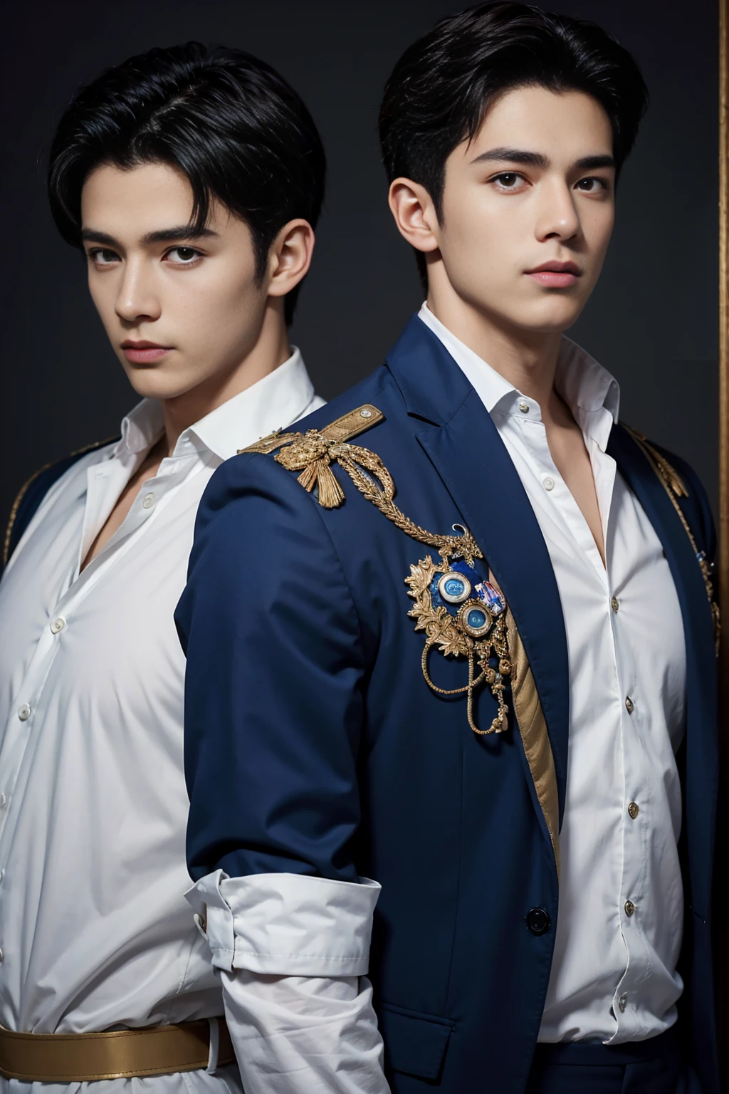 (Photorealistic, Masterpiece, Detailed Face, Best Quality, High Resolution, 4k), Fantasy art style, Gemini astrological sign depicted through captivating male twin models with dualistic auras. Their opposite sexy appearances and scanty clothing complement their two distinct personas, showcasing their versatility and charm.