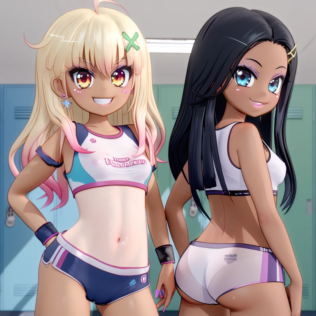 (masterpiece), best quality, highly detailed faces, (SHARP details), 4k, highly detailed, expressive eyes, SHARP detail expressive eyes, (SHARP detail perfect face), By mantis-x, gyaru, young girls, small breasts, playful smile, (black hair), standing, view from behind, glancing over shoulder, ((dark skin)), slutty, lockerroom, long hair, daytime, ass, (multiple girls), wearing gym uniform,