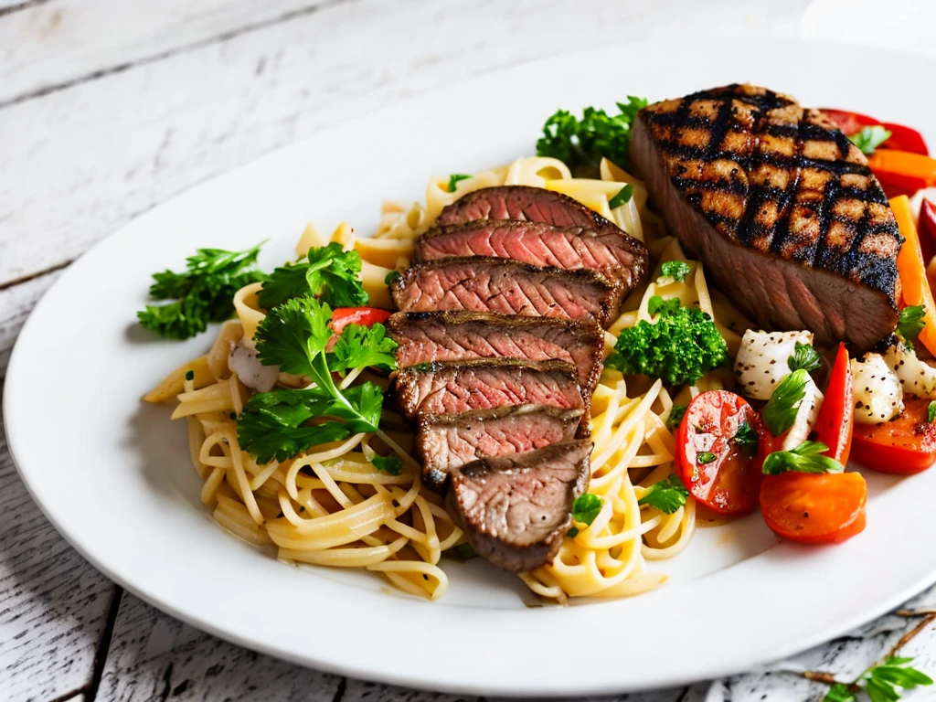 Beef steak on a white plate, grilled chicken on a white plate and seafood pasta on a white plate