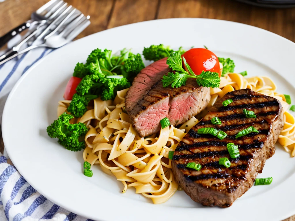 Beef steak on a white plate, grilled chicken on a white plate and seafood pasta on a white plate