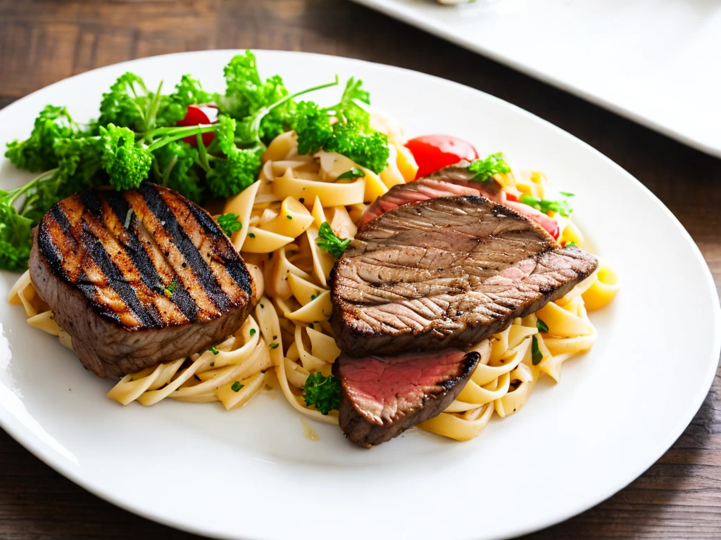 Beef steak on a white plate, grilled chicken on a white plate and seafood pasta on a white plate