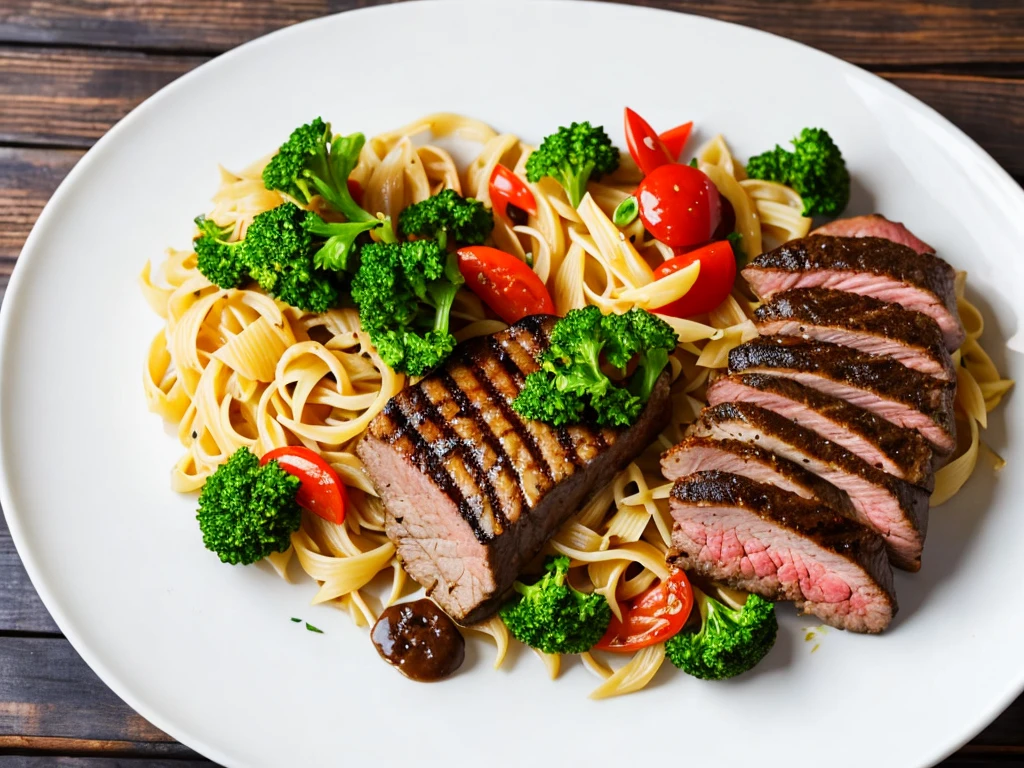 Beef steak on a white plate, grilled chicken on a white plate and seafood pasta on a white plate