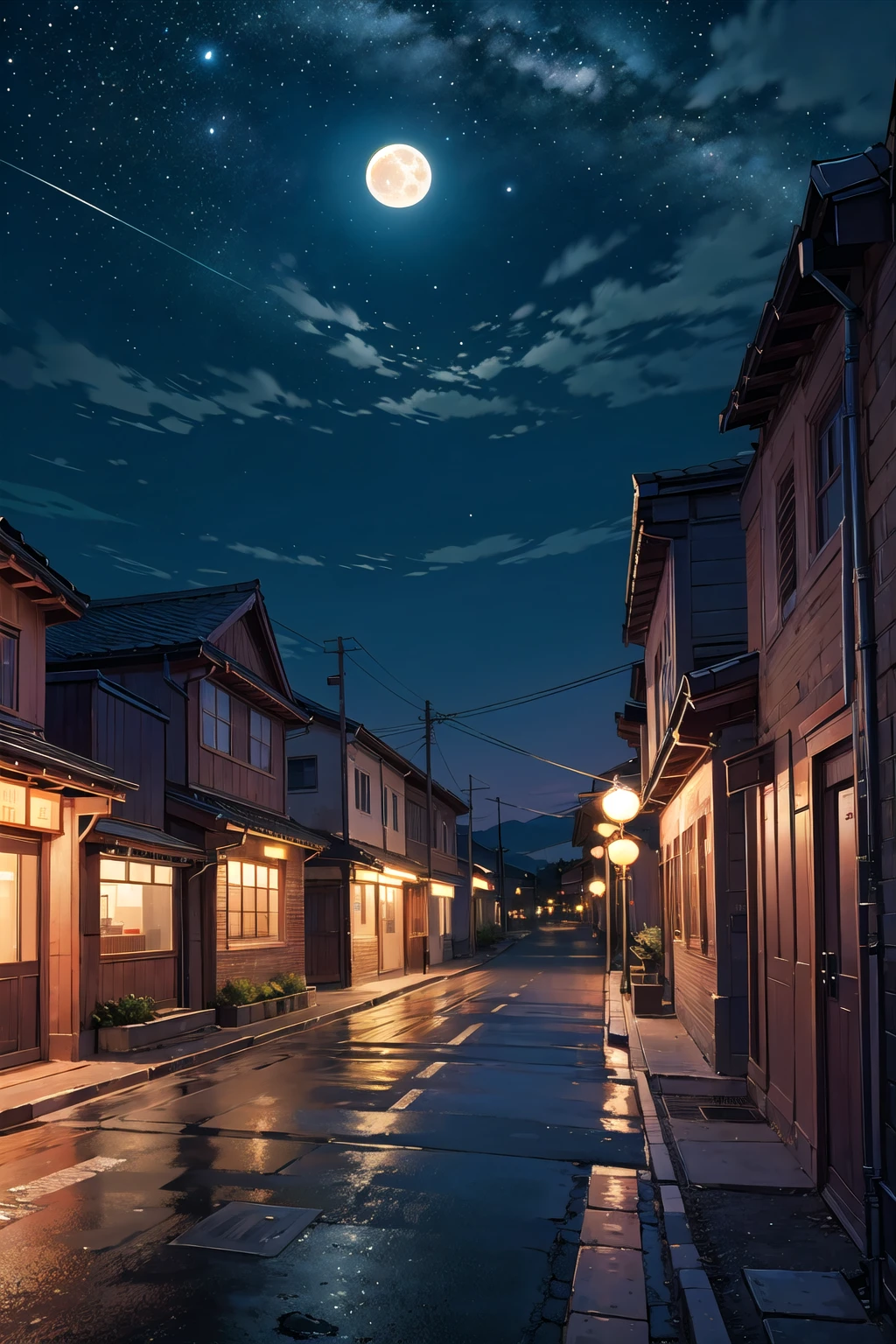Quiet night streets and、Moon in the night sky。Landscape photography that emphasizes silence and the atmosphere of night