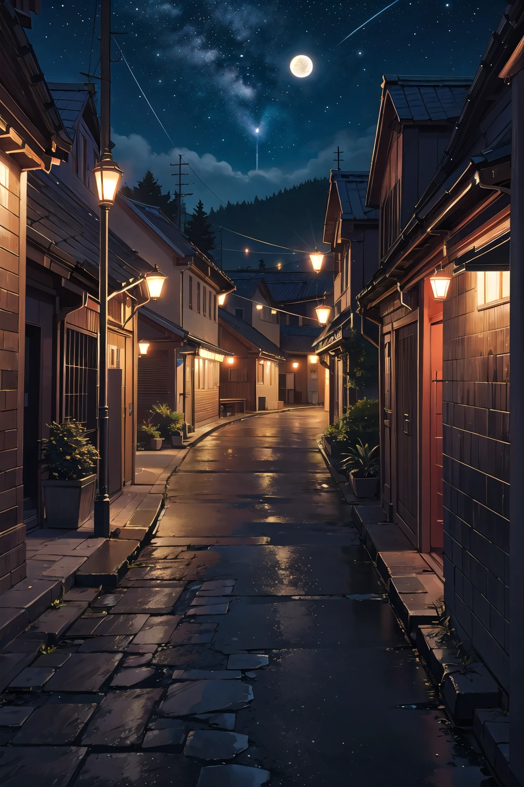 Quiet night streets and、Moon in the night sky。Landscape photography that emphasizes silence and the atmosphere of night
