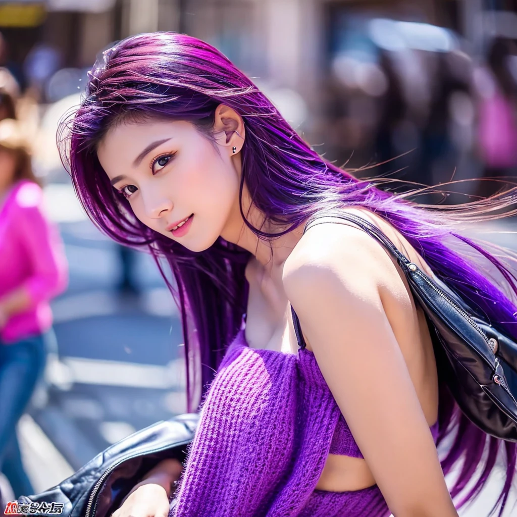 1woman hair purple, mid 20 years old, sexy body, in the city, , vibrant colors, ultra high realistic, ultra high quality