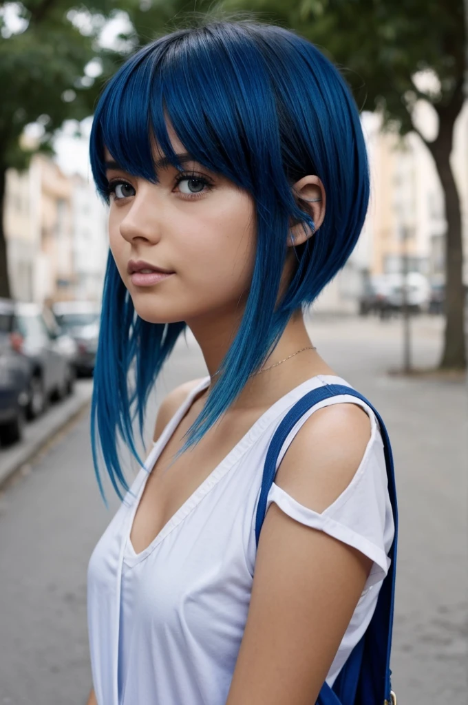 Una chica anime de pelo corto azul, masturbandose