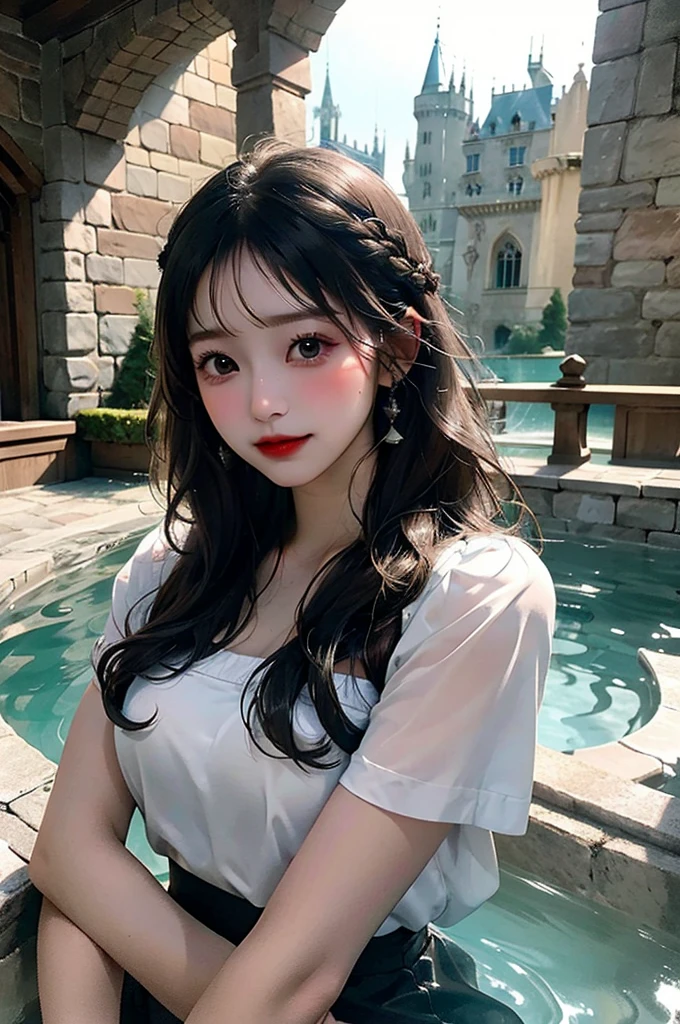 A beautiful girl with long hair，Wearing a tight hip skirt semi-transparent gray，Bathing in an open-air bath in a medieval castle，Teardrop-shaped breasts，Soaked，