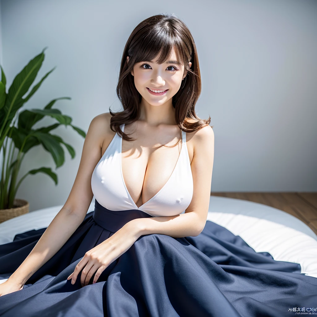 One girl, Navy blue dress,  (Masterpiece), (Realistic), (Ultra fine), (beautiful),  White Wall, Smile, (highest quality, 128k,masterpiece), とてもbeautiful面長顔, Japanese Model, Ultra HD, (Photorealistic:1.1), Big breasts, big eyes, Black brown hair, seat, seat全身, Smile, Full body photo, Professional Lighting, White background, 