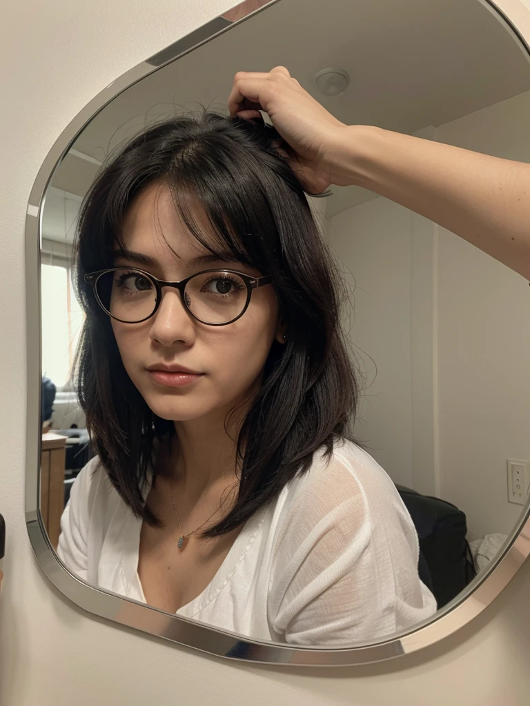 there is a woman taking a selfie in the mirror, Com franja, with glasses, neat hair Com franja, apenas algumas mechas de cabelo, com franja completa, she has black hair Com franja, with glasses on, com cabelo comprido, 18 anos de idade, inspirado em Ayami Kojima, ela tem cerca de 20 anos, ela tem cerca de 2 0 anos