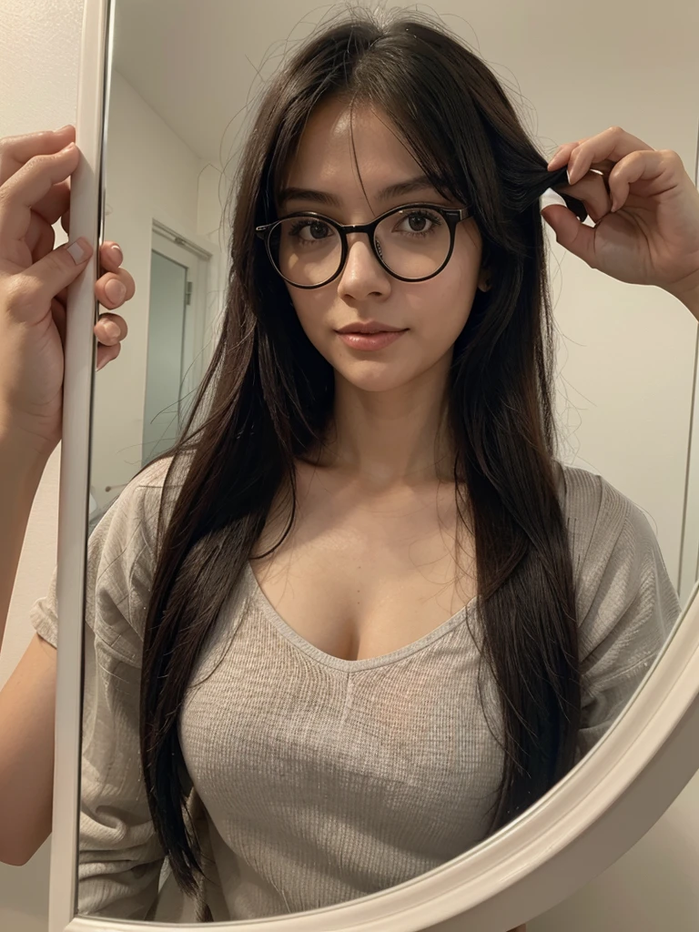 there is a woman taking a selfie in the mirror, Com franja, with glasses, neat hair Com franja, apenas algumas mechas de cabelo, com franja completa, she has black hair Com franja, with glasses on, com cabelo comprido, 18 anos de idade, inspirado em Ayami Kojima, ela tem cerca de 20 anos, ela tem cerca de 2 0 anos
