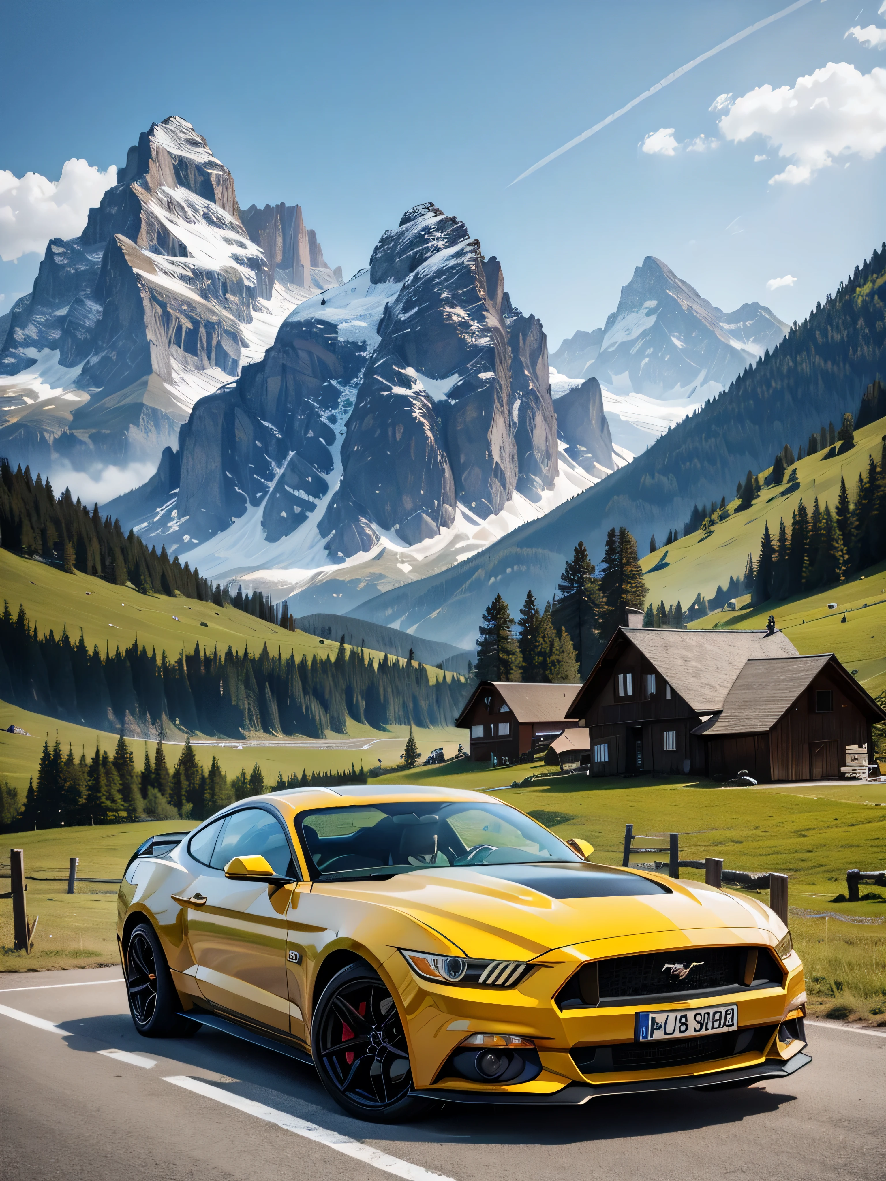Yellow FORD MUSTANG GT 2008 WITH two modern mountain on the roof in front of A DREAMY BACKGROUND in a Swiss mountain landscape LATE IN THE AFTERNOON. In the foreground is also a bistro table with two GIN drinks. CAR DIAGONAL WITH HEADLIGHTS NEAR THE CAMERA 4K WIDE ANGLE.