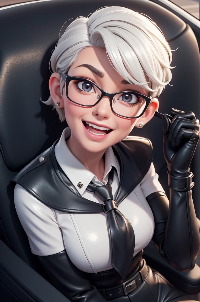 obra prima, melhor qualidade, (lauren boebert 70yo) big side smile, open mouth, licking lips, short grey pixie hair, black plastic glasses, pilot outfit, business blouse, necktie, (shiny pearl white leather,) studs zippers, shiny leather gloves, body is skinny, laying back in car seat, arched back, arm between legs, overhead camera view, looking down at me, shallow depth of field, highres, HD, 8k, anatomically correct
