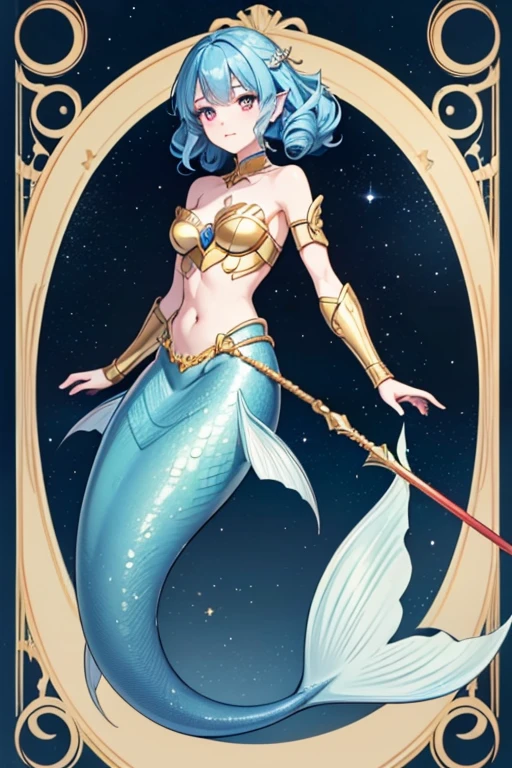 Anime drawings、Full body portrait、SE Space Mermaid、Under the sea、A female mermaid around 180cm tall, around 32 years old, wearing golden armour and holding a spear in one hand.、Laughing with mouth open、Her hairstyle is medium length and curly.、Blue Hair、blue scales、Arm guard、Shoulder Armor、Red Eyes、Confused eyes