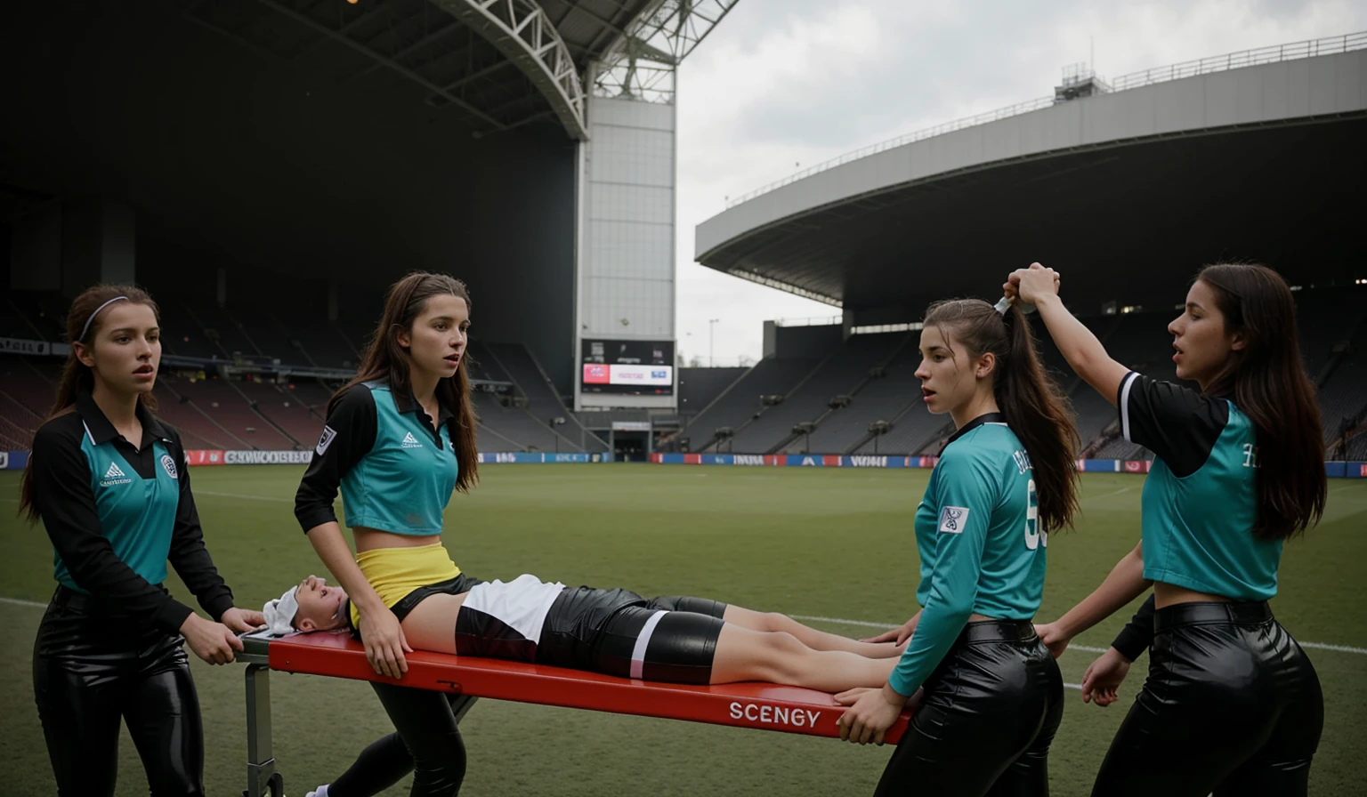 a horizontally lying wounded male soccer player, a soccer scene in a german sports stadium, injury scene in a sports stadium, stretcher carry, an injured soccer player is lying head first on his back on a stretcher and is covering his head with the hand, there are four young schoolgirls in shiny leather-trousers carrying a stretcher, there are four longhaired schoolgirls in high-shine latex-leggings who are carrying a stretcher in a german sports stadium, there is a wounded male soccer player in a short sports outfit lying head first on the stretcher, an injured male soccer player is lying head first on his back on a stretcher and is covering his agonised face with a hand, a soccer player is rearing up in intense pain while lying head first on his back on a stretcher and covering his head with a hand, dramatic scene, theatralic posing scene, dramatic pity scene, injury soccer, first aid, help, pity, there are four very angry looking schoolgirls in shiny latex-trousers who are looking very sad and very terrified and very shocked, the injured soccer player is screaming out in pain while he is carried from the pitch on a stretcher