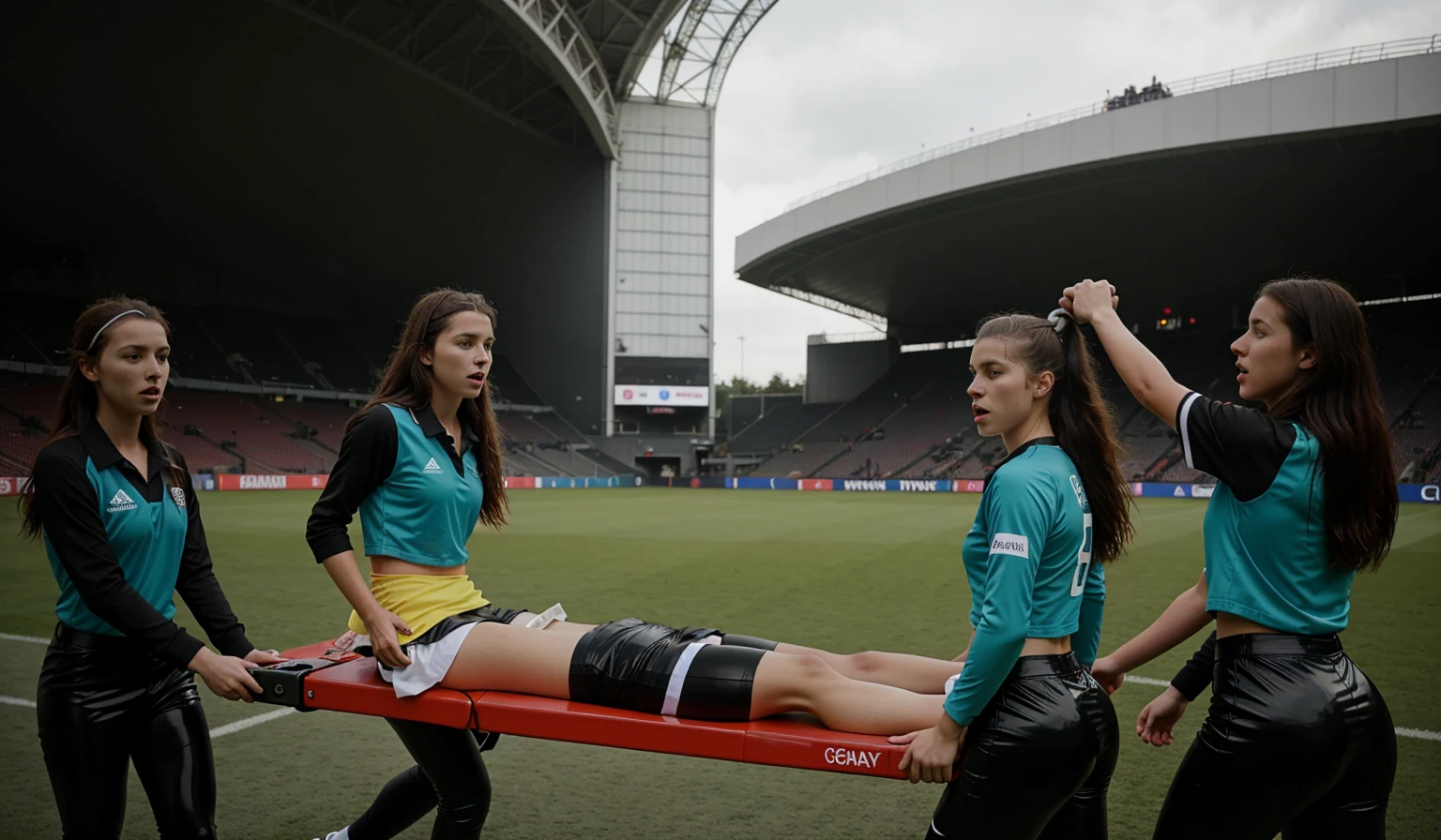 a horizontally lying wounded male soccer player, a soccer scene in a german sports stadium, injury scene in a sports stadium, stretcher carry, an injured soccer player is lying head first on his back on a stretcher and is covering his head with the hand, there are four young schoolgirls in shiny leather-trousers carrying a stretcher, there are four longhaired schoolgirls in high-shine latex-leggings who are carrying a stretcher in a german sports stadium, there is a wounded male soccer player in a short sports outfit lying head first on the stretcher, an injured male soccer player is lying head first on his back on a stretcher and is covering his agonised face with a hand, a soccer player is rearing up in intense pain while lying head first on his back on a stretcher and covering his head with a hand, dramatic scene, theatralic posing scene, dramatic pity scene, injury soccer, first aid, help, pity, there are four very angry looking schoolgirls in shiny latex-trousers who are looking very sad and very terrified and very shocked, the injured soccer player is screaming out in pain while he is carried from the pitch on a stretcher