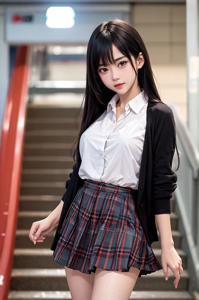 1girl,perky breasts,semi-long hair,deep black hair,straight hair,expressionless,looking back,mouth mask,perfect eyes,blue eyes,groomed eyebrows,
BREAK ,cardigan,tartan check skirt,frilled panties,upskirt,from below,
BREAK from behind,dutch angle,outdoor,station,escalator,((depth of field,portrait)),
BREAK score_9,source_anime,rating_explicit,uncensored,