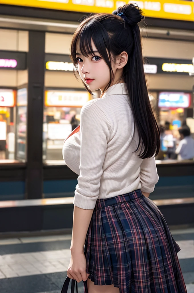 1 giantess standing above the city,Graceful figure,1 girl, from_below,big deal_breast, long_sleeve, outdoor, cute face, shooting, Plaid, Plaid_skirt, strength_Lines, School_, skirt, Sky, alone, underwear, upskirt, Utilities_No, realistic art,(emphasize),Look up at camera,a giantess