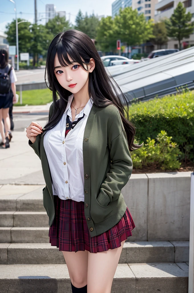 1girl,perky breasts,semi-long hair,deep black hair,straight hair,expressionless,looking back,mouth mask,perfect eyes,blue eyes,groomed eyebrows,
BREAK ,cardigan,tartan check skirt,frilled panties,upskirt,from below,
BREAK from behind,dutch angle,outdoor,station,escalator,((depth of field,portrait)),
BREAK score_9,source_anime,rating_explicit,uncensored,