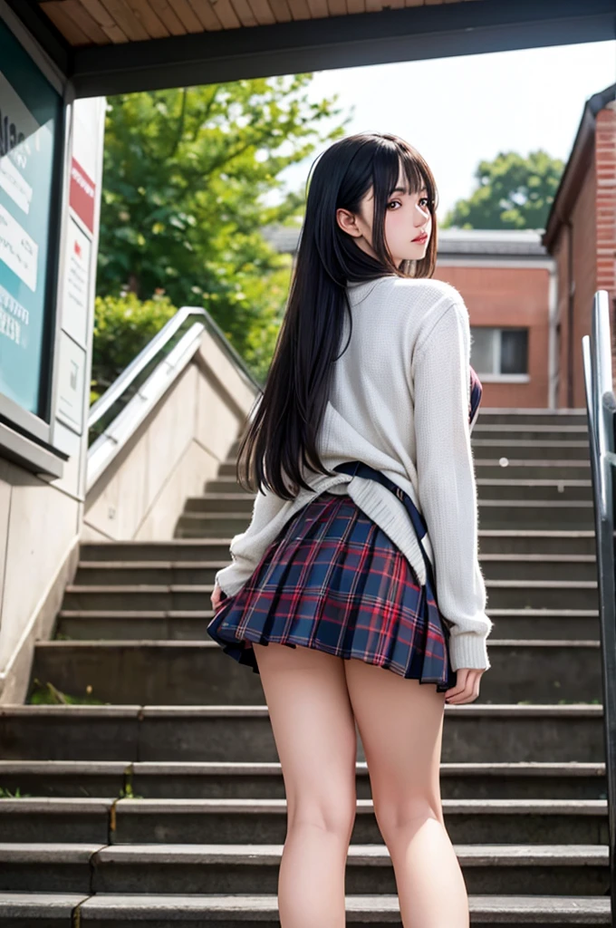 1girl,perky breasts,semi-long hair,deep black hair,straight hair,expressionless,looking back,mouth mask,perfect eyes,blue eyes,groomed eyebrows,
BREAK ,cardigan,tartan check skirt,frilled panties,upskirt,from below,
BREAK from behind,dutch angle,outdoor,station,escalator,((depth of field,portrait)),
BREAK score_9,source_anime,rating_explicit,uncensored,