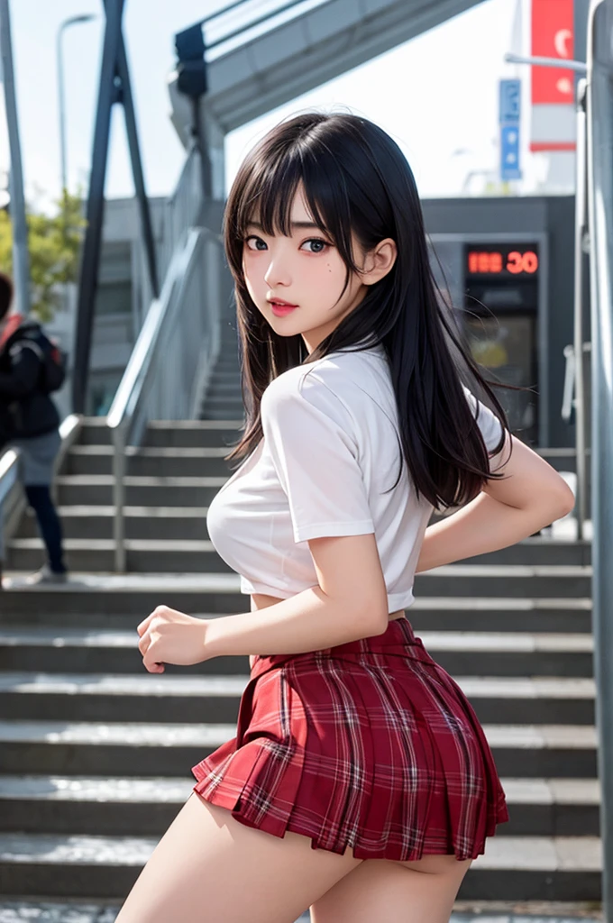 1girl,perky breasts,semi-long hair,deep black hair,straight hair,expressionless,looking back,mouth mask,perfect eyes,blue eyes,groomed eyebrows,
BREAK ,cardigan,tartan check skirt,frilled panties,upskirt,from below,
BREAK from behind,dutch angle,outdoor,station,escalator,((depth of field,portrait)),
BREAK score_9,source_anime,rating_explicit,uncensored,