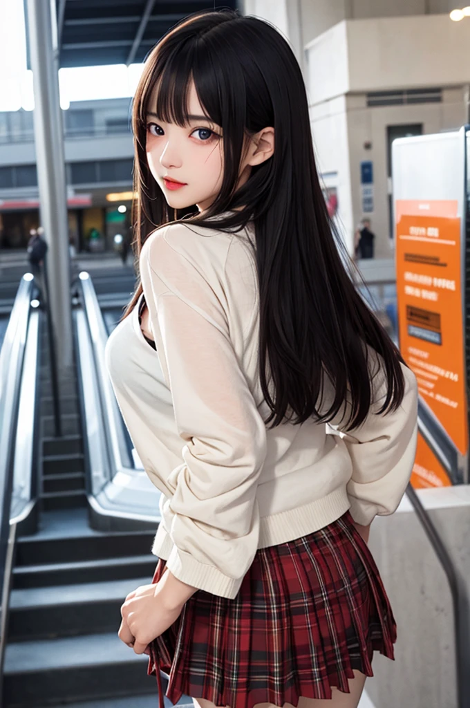 1girl,perky breasts,semi-long hair,deep black hair,straight hair,expressionless,looking back,mouth mask,perfect eyes,blue eyes,groomed eyebrows,
BREAK ,cardigan,tartan check skirt,frilled panties,upskirt,from below,
BREAK from behind,dutch angle,outdoor,station,escalator,((depth of field,portrait)),
BREAK score_9,source_anime,rating_explicit,uncensored,