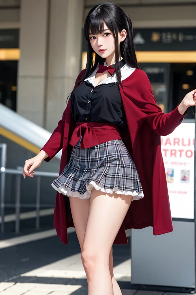 1girl,perky breasts,semi-long hair,deep black hair,straight hair,expressionless,looking back,mouth mask,perfect eyes,blue eyes,groomed eyebrows,
BREAK ,cardigan,tartan check skirt,frilled panties,upskirt,from below,
BREAK from behind,dutch angle,outdoor,station,escalator,((depth of field,portrait)),
BREAK score_9,source_anime,rating_explicit,uncensored,