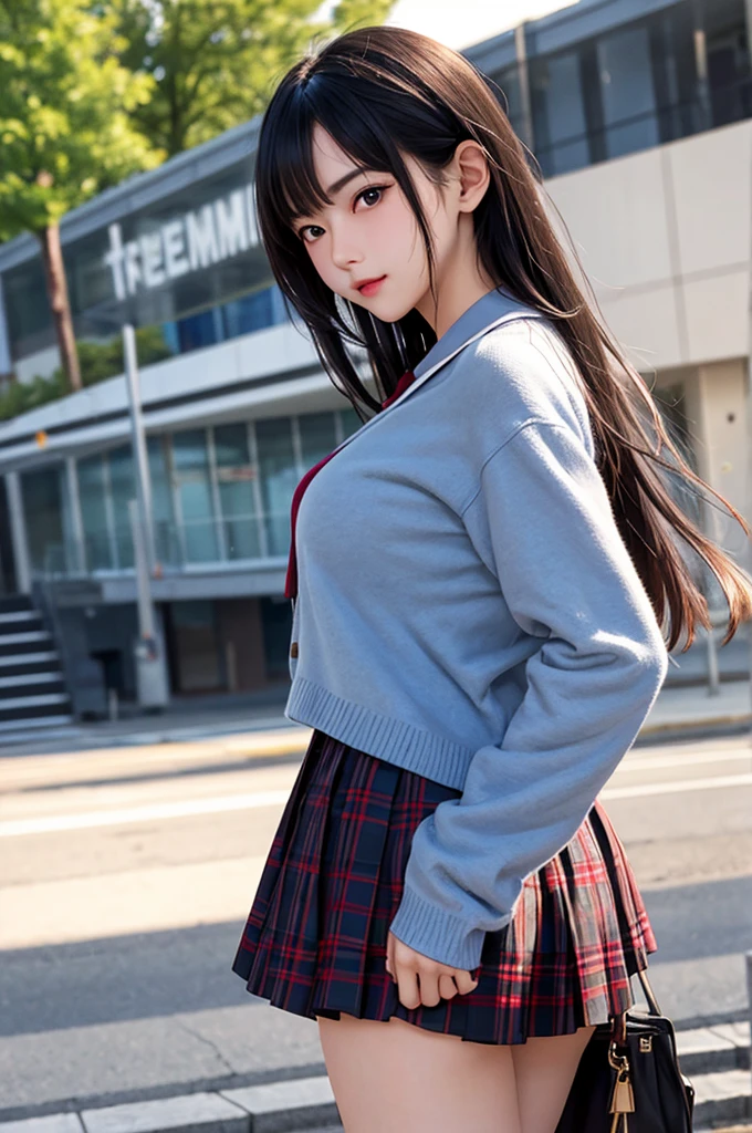1girl,perky breasts,semi-long hair,deep black hair,straight hair,expressionless,looking back,mouth mask,perfect eyes,blue eyes,groomed eyebrows,
BREAK ,cardigan,tartan check skirt,frilled panties,upskirt,from below,
BREAK from behind,dutch angle,outdoor,station,escalator,((depth of field,portrait)),
BREAK score_9,source_anime,rating_explicit,uncensored,