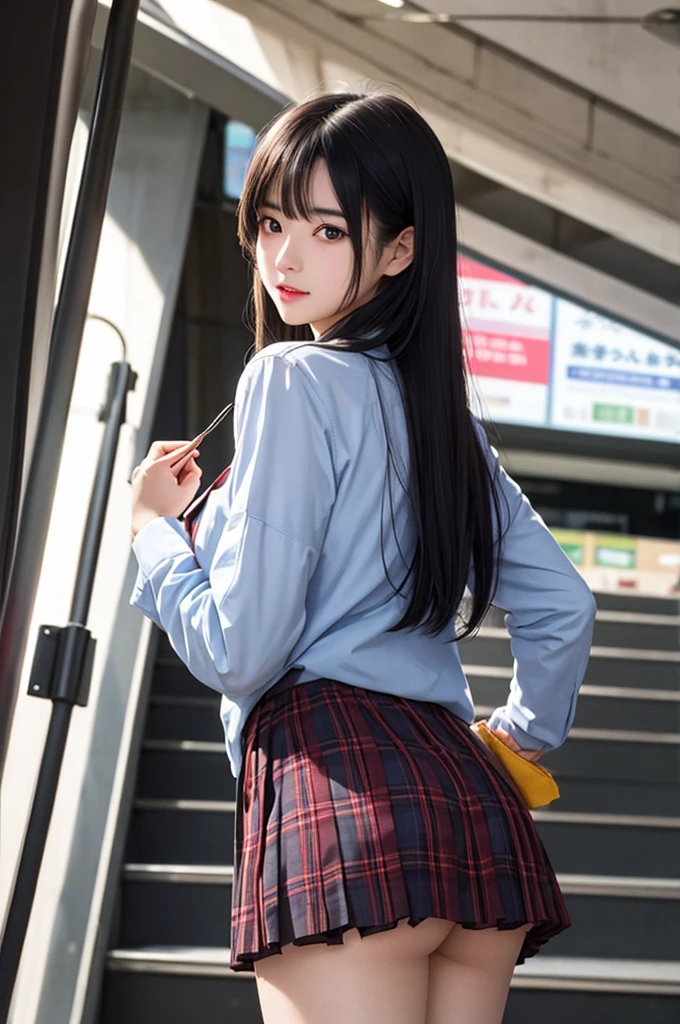1girl,perky ,semi-long hair,deep black hair,straight hair,expressionless,looking back,mouth mask,perfect eyes,blue eyes,groomed eyebrows,
BREAK ,cardigan,tartan check skirt,frilled pantiest,from bREAK from behind,dutch angle,outdoor,station,escalator,((depth of field,portrait)),
BREAK score_9,source_anime,rating_explicit,uncensored,