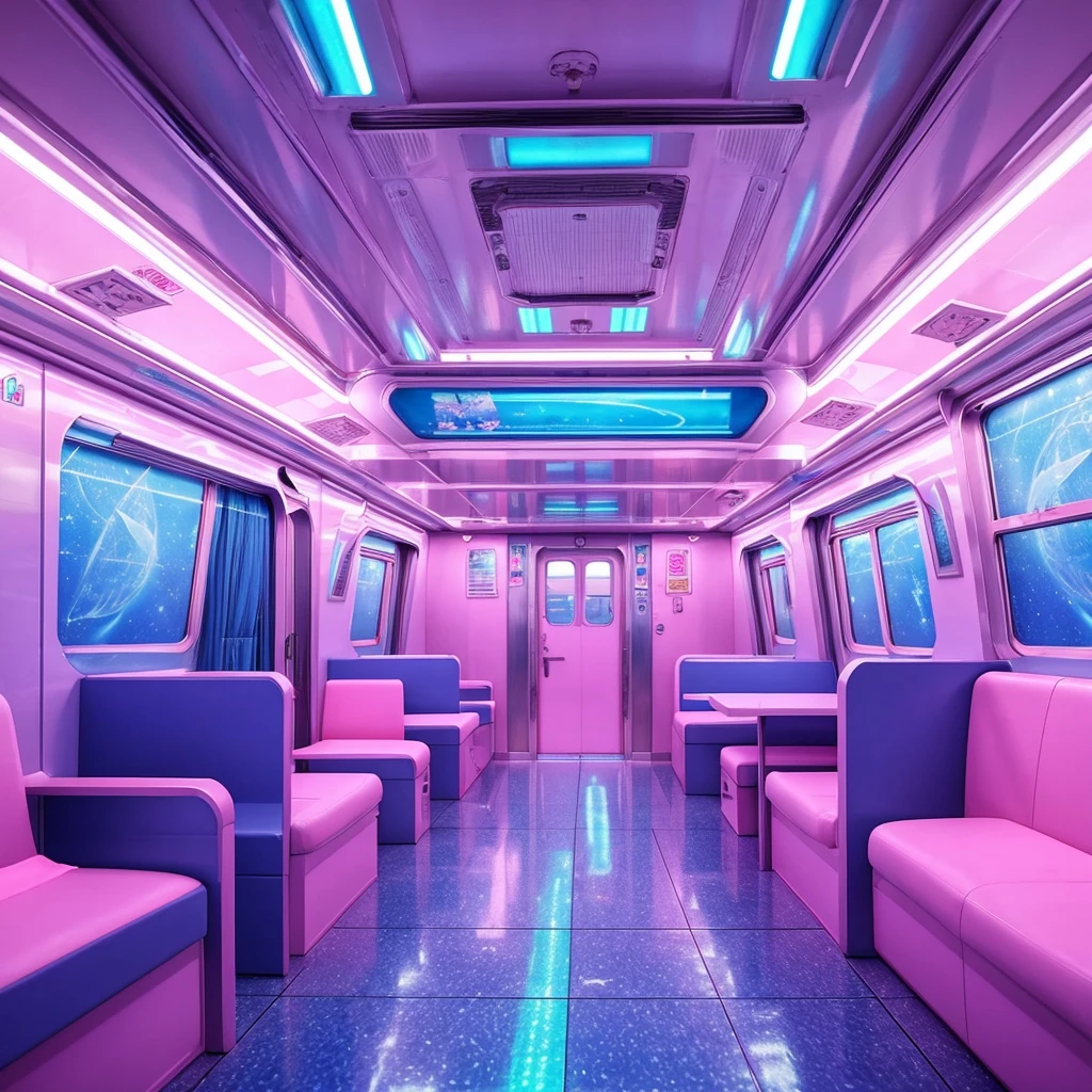 generate a consistent image of a pastel colored inside of a train car with two pink suitcases, interior background art, highly detailed interior, very detailed backgrounds, detailed backgrounds, inside the train, scenery art detailed, anime art vehicle concept art, high tech space ship interior, inside an underwater train, detailed and complex environment, detailed sci - fi backgrounds, detailed spaceship interior, space station vore station, anime scenery concept art. neon pastel colored led lights, realistic environment, hyperrealism, HD resolution, Hyper detailed quality