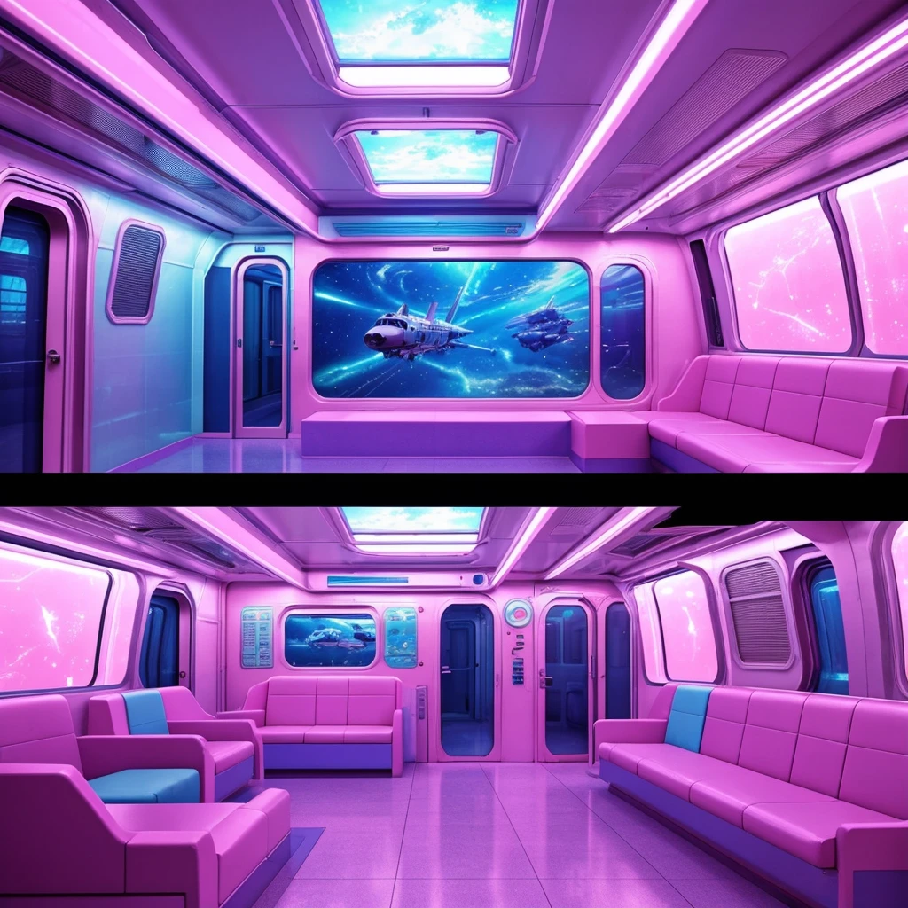 generate a consistent image of a pastel colored inside of a train car with two pink suitcases, interior background art, highly detailed interior, very detailed backgrounds, detailed backgrounds, inside the train, scenery art detailed, anime art vehicle concept art, high tech space ship interior, inside an underwater train, detailed and complex environment, detailed sci - fi backgrounds, detailed spaceship interior, space station vore station, anime scenery concept art. neon pastel colored led lights, realistic environment, hyperrealism, HD resolution, Hyper detailed quality