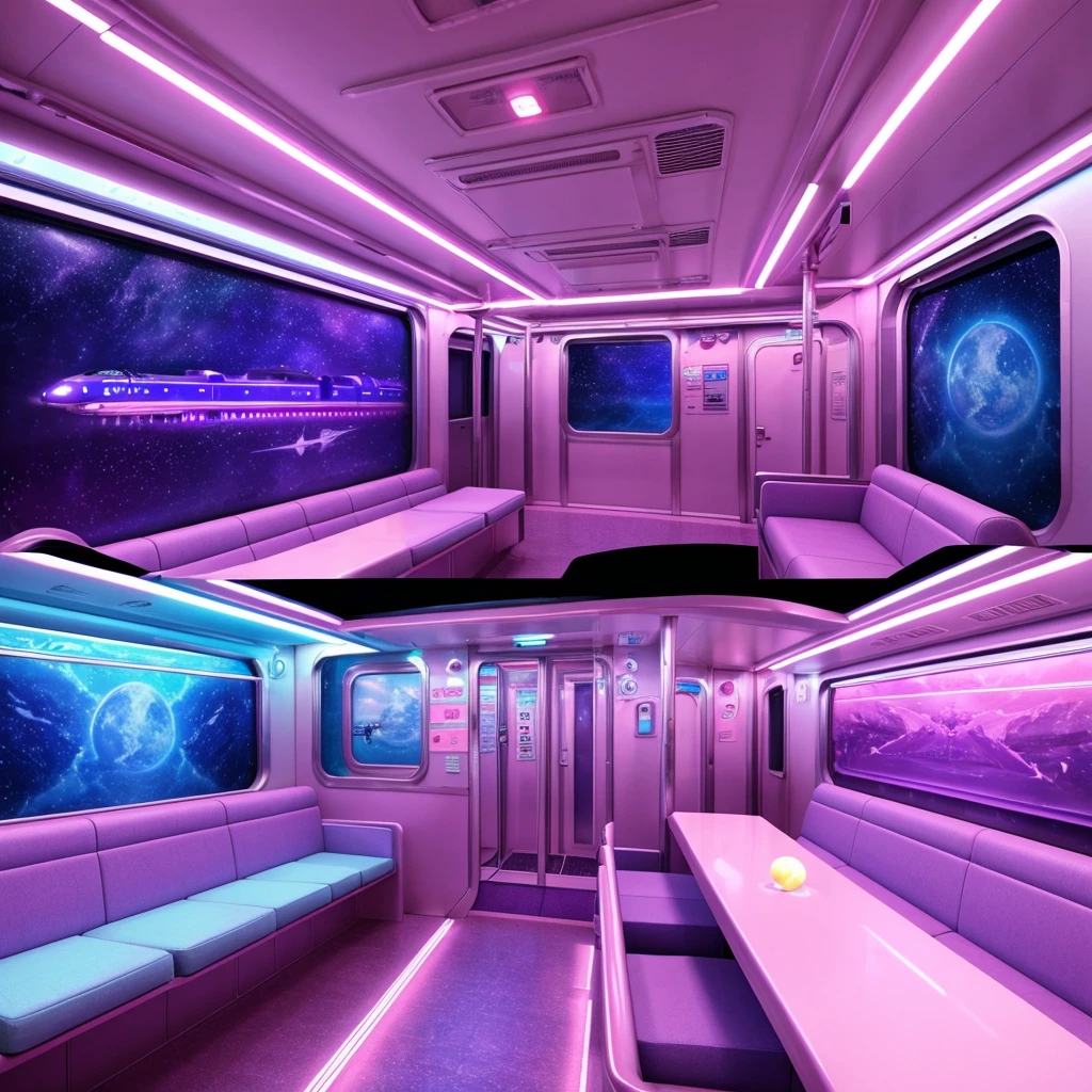 generate a consistent image of a pastel colored inside of a train car with two pink suitcases, interior background art, highly detailed interior, very detailed backgrounds, detailed backgrounds, inside the train, scenery art detailed, anime art vehicle concept art, high tech space ship interior, inside an underwater train, detailed and complex environment, detailed sci - fi backgrounds, detailed spaceship interior, space station vore station, anime scenery concept art. neon pastel colored led lights, realistic environment, hyperrealism, HD resolution, Hyper detailed quality