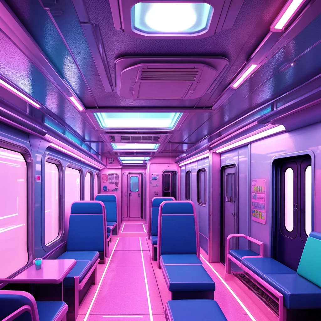 generate a consistent image of a pastel colored inside of a train car with two pink suitcases, interior background art, highly detailed interior, very detailed backgrounds, detailed backgrounds, inside the train, scenery art detailed, anime art vehicle concept art, high tech space ship interior, inside an underwater train, detailed and complex environment, detailed sci - fi backgrounds, detailed spaceship interior, space station vore station, anime scenery concept art. neon pastel colored led lights, realistic environment, hyperrealism, HD resolution, Hyper detailed quality